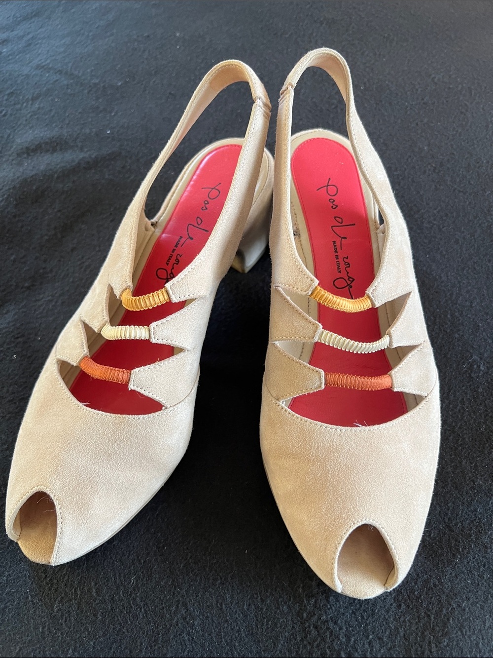 Pas de Rouge Beige Slingback Peep-Toe Heels with Orange & Yellow Accents